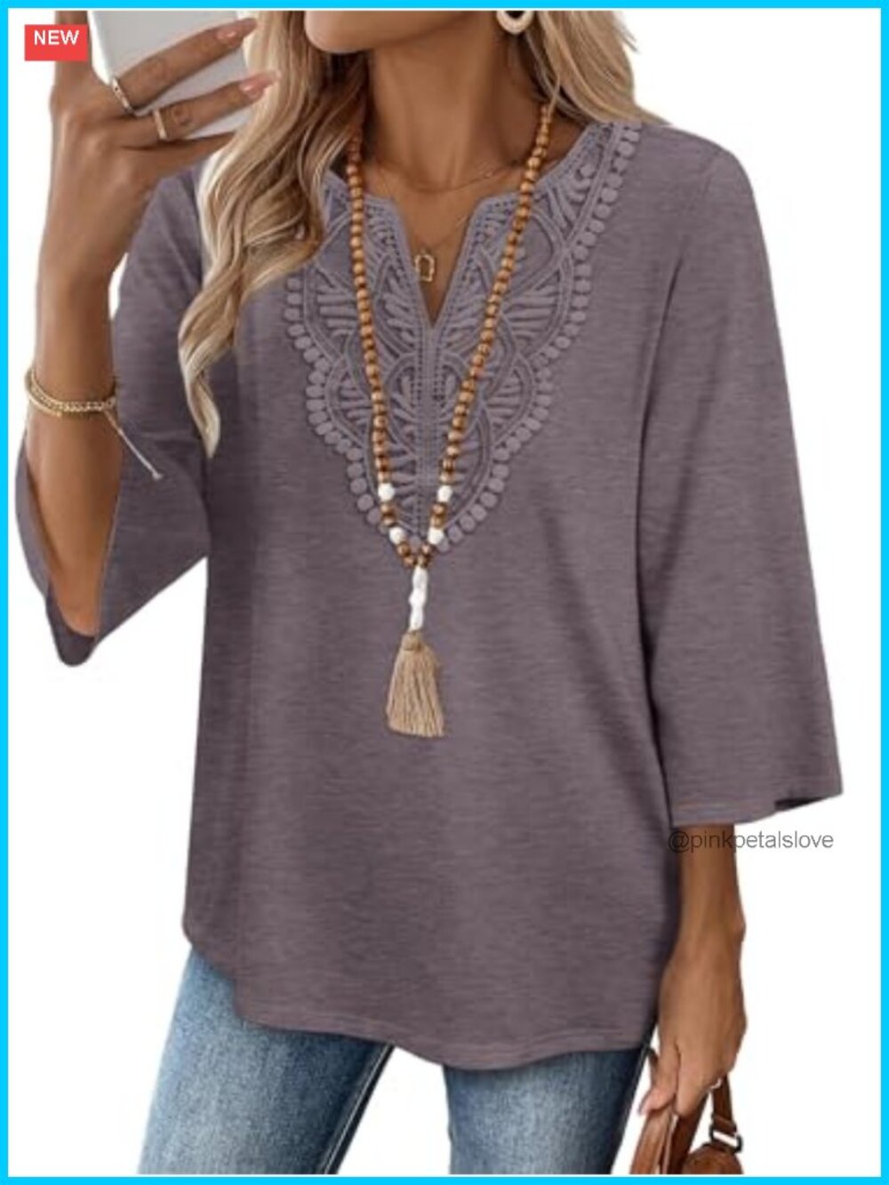 Womens Boho V Neck Lace 3/4 Sleeve Tunic Top Dressy Casual Blouse